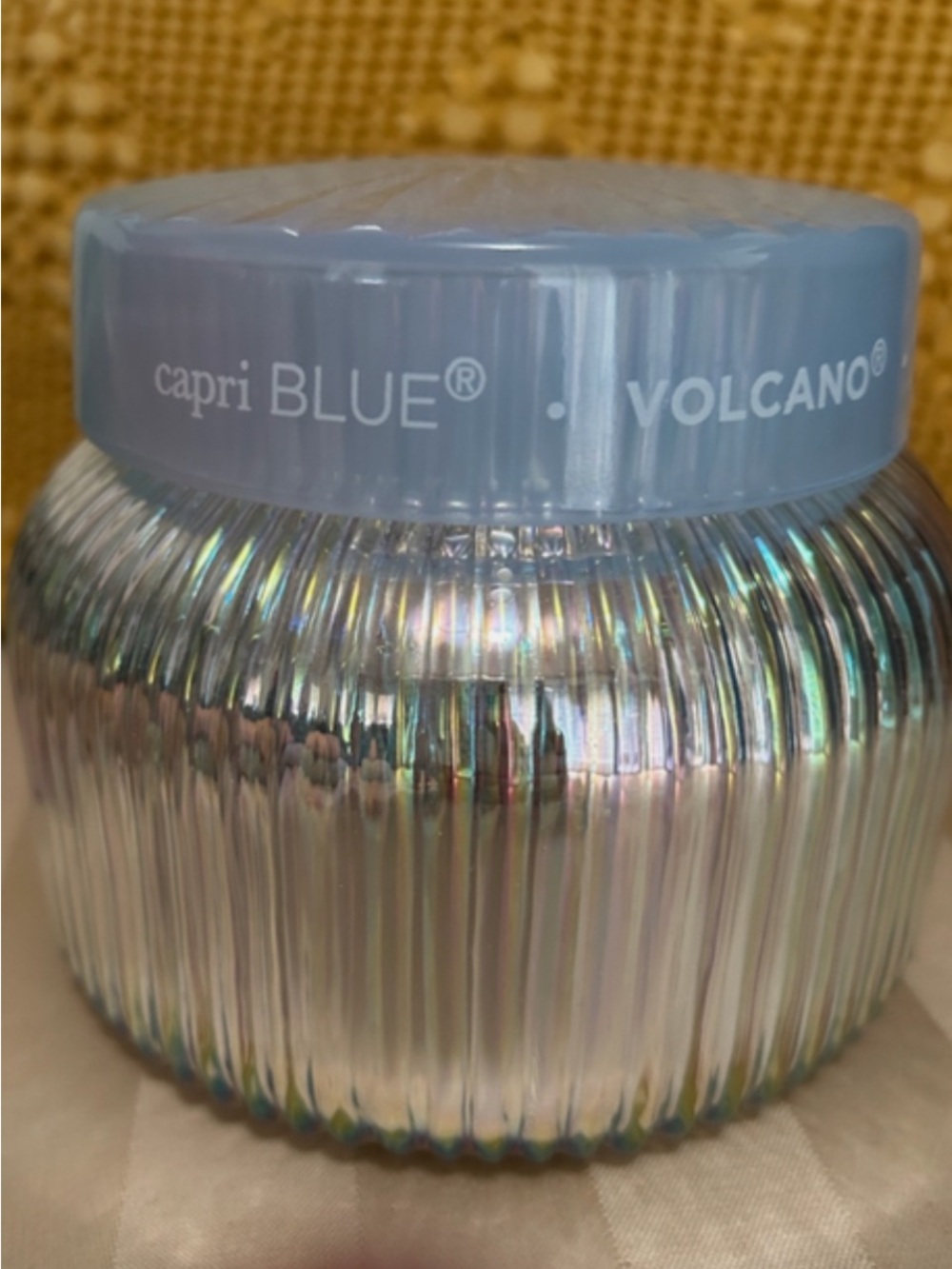 Anthropologie Capri Blue Iridescent Ribbed Glass Candle with Light Blue Lid